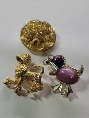 Vintage Gold Tone Brooch Trio with Lavender Cabochon Bird